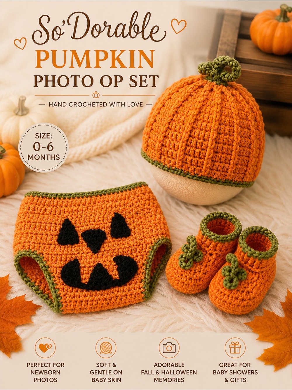 Pumpkin Crochet Baby Hat Diaper Cover and Booties Set - Orange